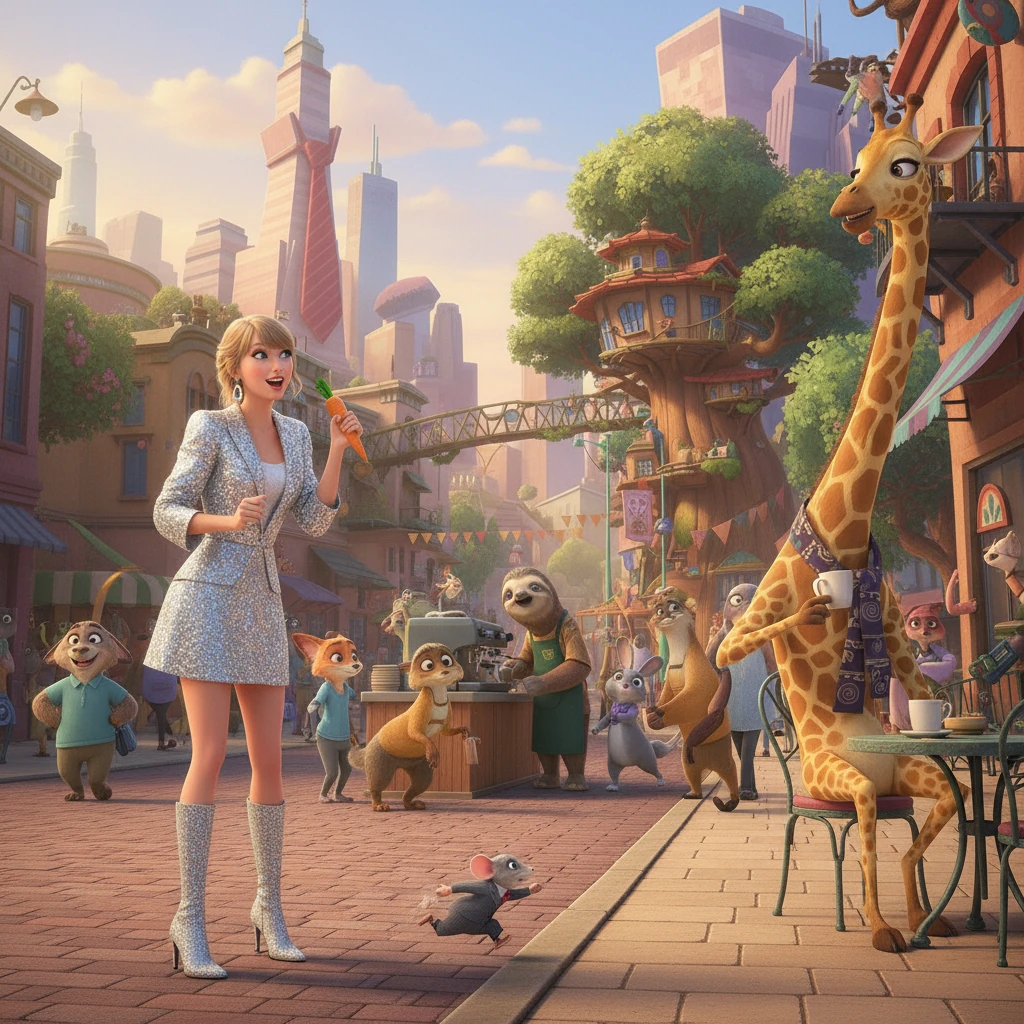 Taylor, holding the carrot-mic, stands mesmerized as she watches a bustling street scene. Tiny mice in business suits rush past a majestic giraffe, while a sloth slowly sips coffee at a cafe. The sheer diversity and energy of Zootopia are overwhelming and delightful.