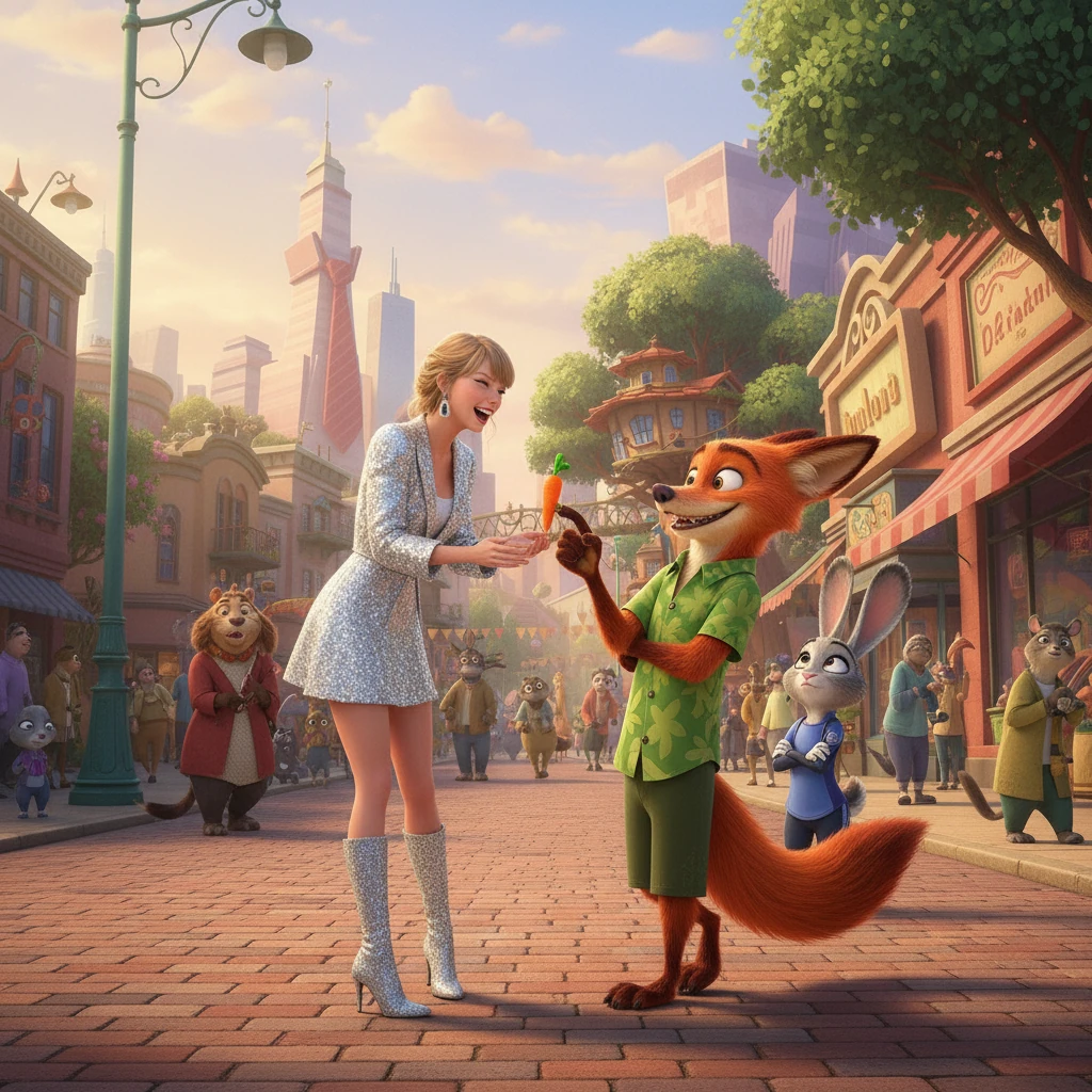 Judy and Nick, now acting as Taylor's guides, lead her through the bustling Savanna Central district. Taylor laughs as Nick playfully tries to sell her a 'genuine Zootopian souvenir' (a tiny plastic carrot) while Judy rolls her eyes good-naturedly.