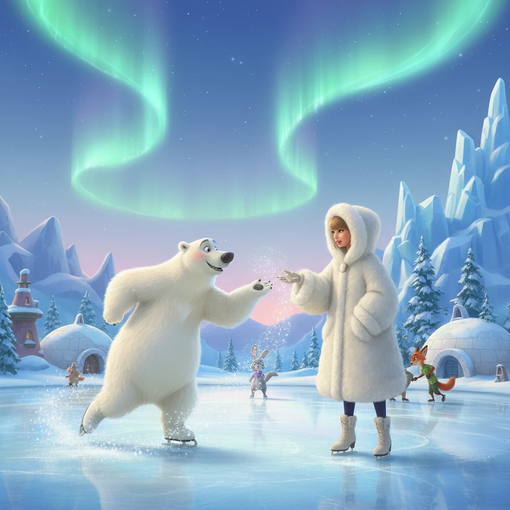 Taylor finds herself in Tundratown, bundled in a warm, fluffy coat. She's captivated by a group of polar bears ice-skating gracefully on a shimmering rink. The air is crisp and filled with the gentle glow of northern lights.