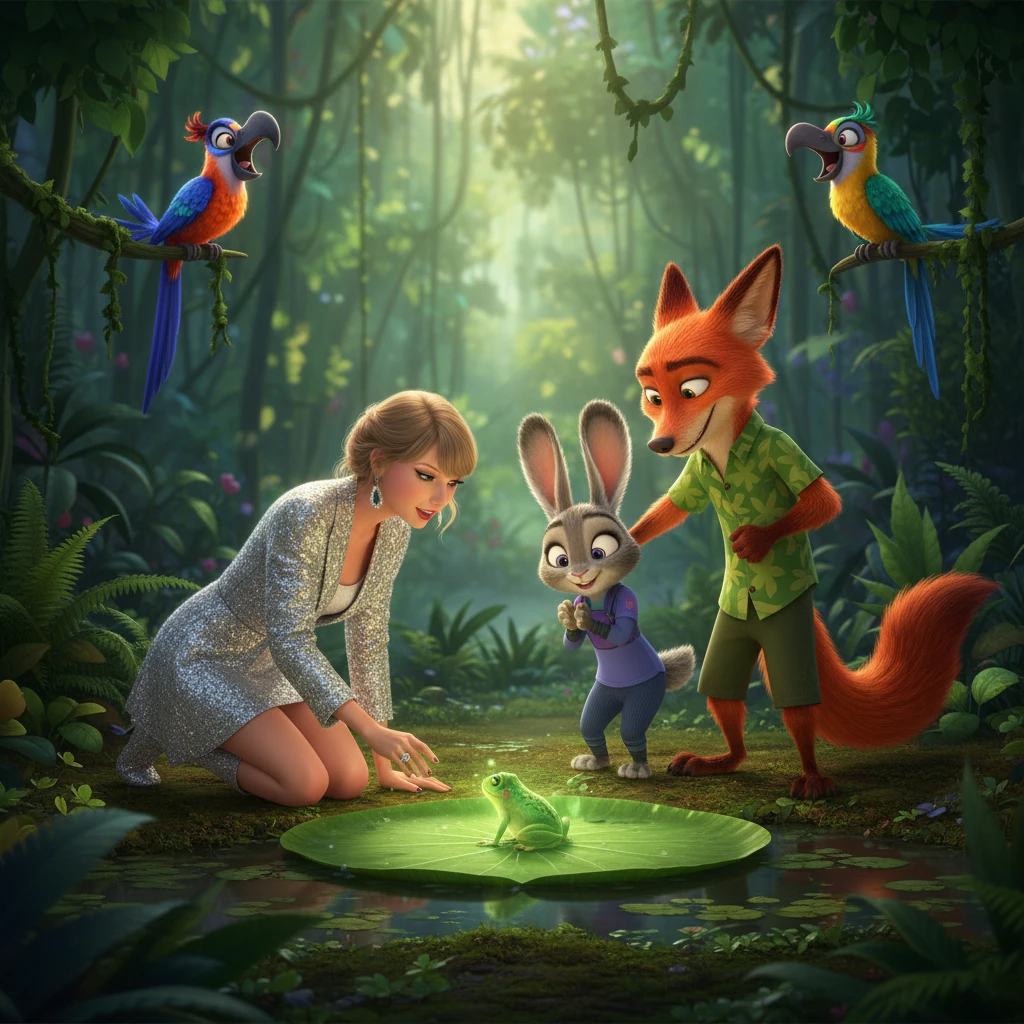 In the Rainforest District, Taylor, Judy, and Nick navigate through lush, emerald-green foliage. Exotic birds with vibrant feathers perch on branches, singing melodic tunes. Taylor pauses to admire a tiny, glowing frog on a giant lily pad.