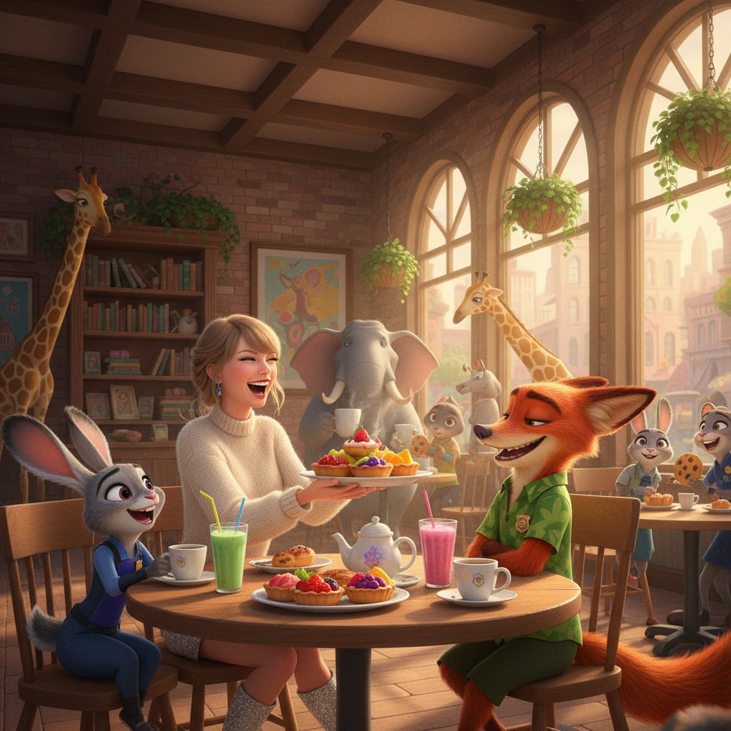 Taylor shares a laugh with Judy and Nick over a plate of delicious, brightly colored fruit tarts at a charming Zootopian cafe. The cafe is filled with various animals enjoying their meals, creating a warm, lively atmosphere. Taylor feels a genuine connection with her new animal friends.