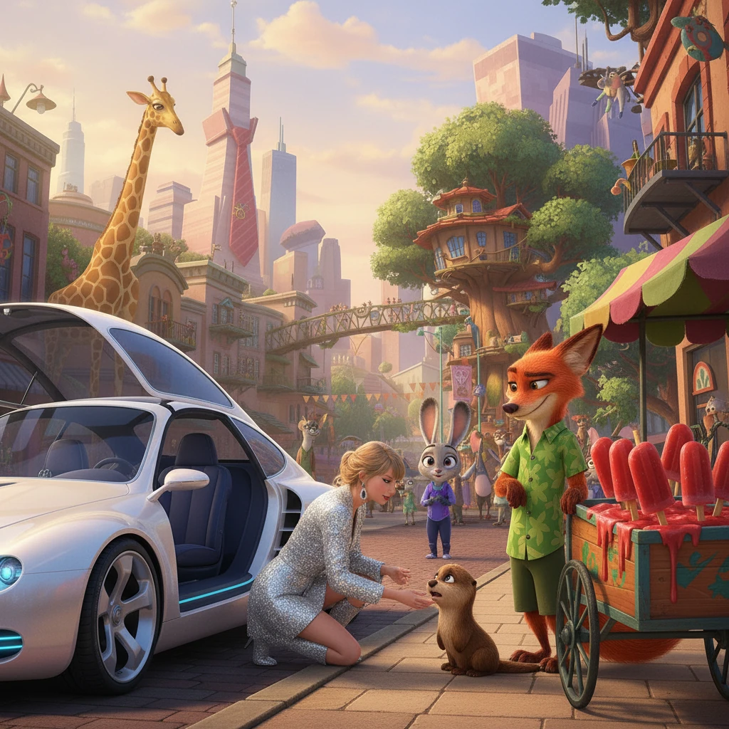 Suddenly, a small, lost otter pup whimpers nearby. Taylor, with a kind and gentle expression, kneels down to comfort it. Judy and Nick look on, impressed by her natural empathy and warmth.