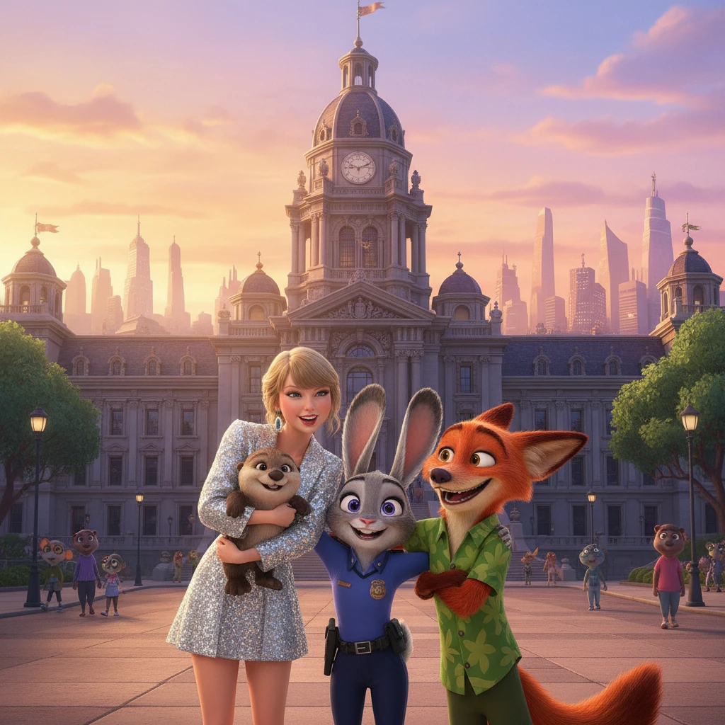 Taylor, now holding the happy otter pup, joins Judy and Nick for a group photo in front of Zootopia's grand city hall. They all flash big smiles for the camera, a perfect memory of their incredible day together. The setting sun casts a golden glow over the city.