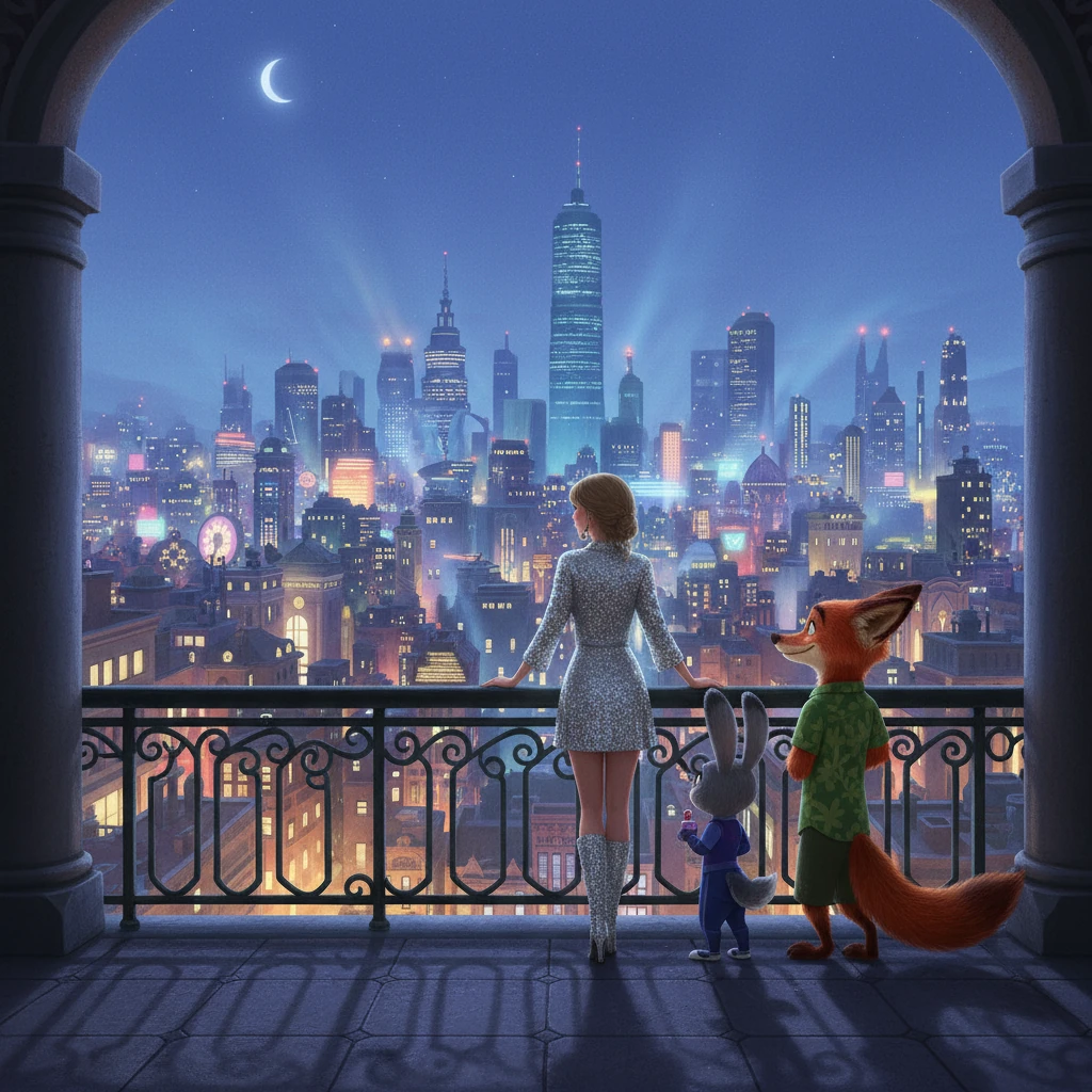 As evening falls, Taylor stands on a high balcony, looking out over the sparkling lights of Zootopia. Judy and Nick stand beside her, gazing at the beautiful cityscape. Taylor feels a deep sense of gratitude for the magical day and the unexpected friendships she made in this extraordinary animal world.