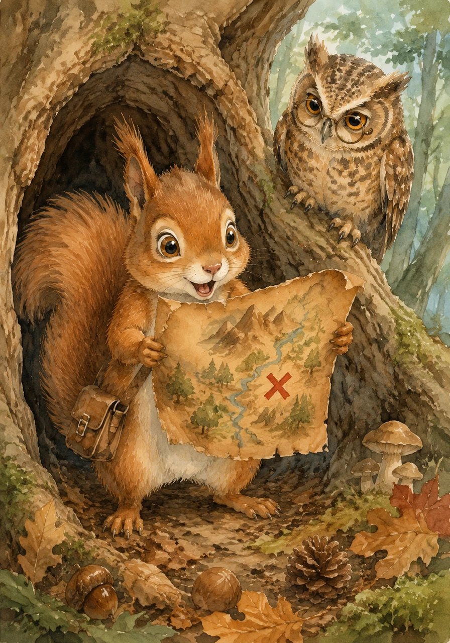 Deep within the heart of the Whispering Woods, Sammy the squirrel was foraging for winter supplies when he stumbled upon a weathered, yellowed parchment tucked inside a hollow oak. His eyes widened as he realized it was a map, marked with a shimmering crimson X deep in the unknown parts of the forest.