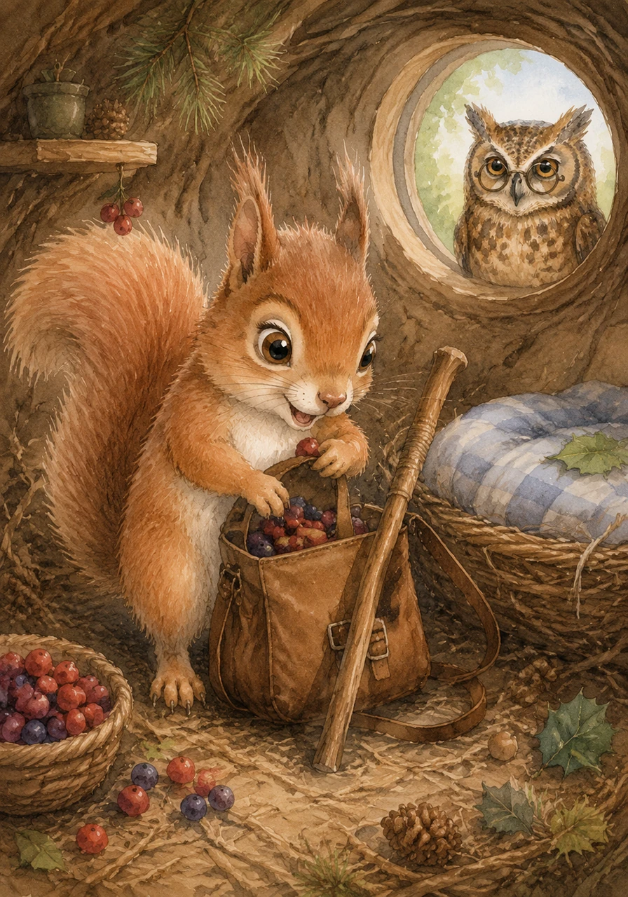 With his heart racing with excitement, Sammy hurried back to his cozy nest to prepare for the journey. He packed a small satchel with his favorite dried berries and a sturdy walking stick, ready to trade his quiet life for a grand adventure.