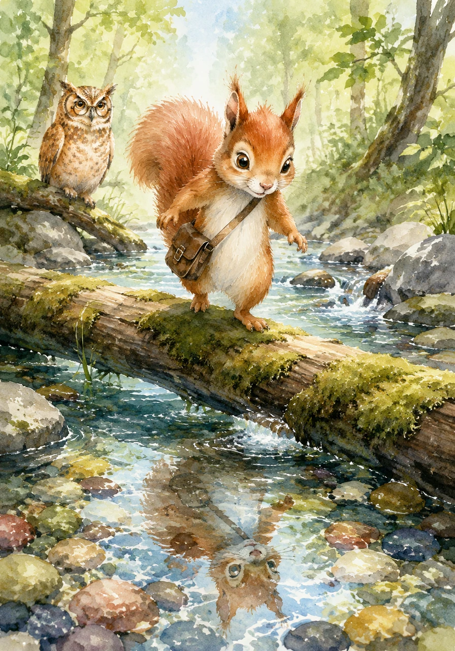 The journey began at the edge of the Sparkling Stream, where the water danced over smooth, colorful stones. Sammy carefully balanced on a mossy log to cross, watching his reflection ripple in the clear, cool water as he focused on the path ahead.