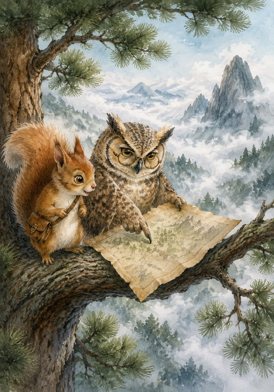 High above in the Great Pine, Sammy met Oliver the Owl, the wisest creature in the woods. Oliver looked at the map through his spectacles and pointed toward the Misty Mountains, whispering a secret about the swirling fog that lay ahead.
