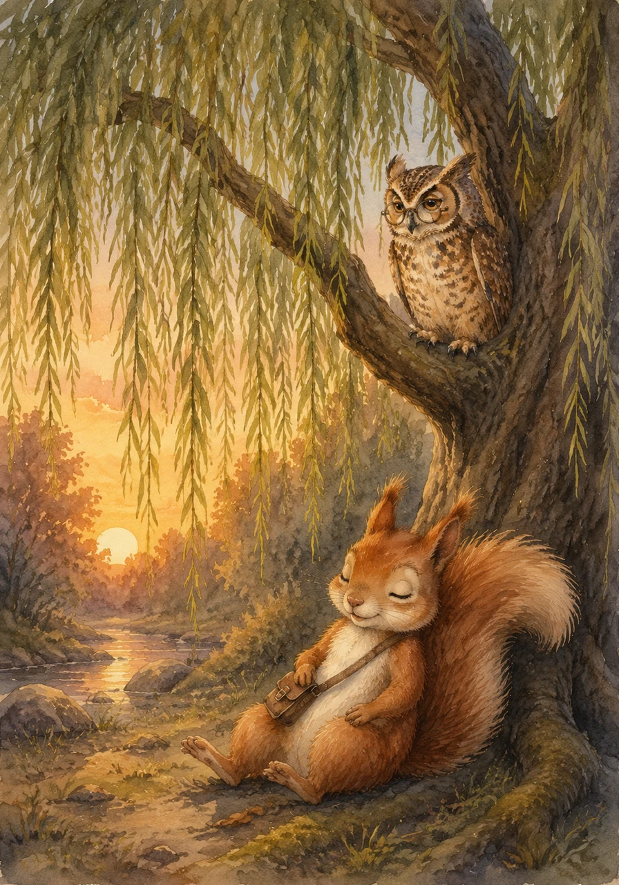 As the sun began to dip low, Sammy felt a little tired and sat beneath the sweeping branches of a ancient weeping willow. The gentle rustle of the leaves sounded like a lullaby, giving him the strength to keep going just a little further into the woods.