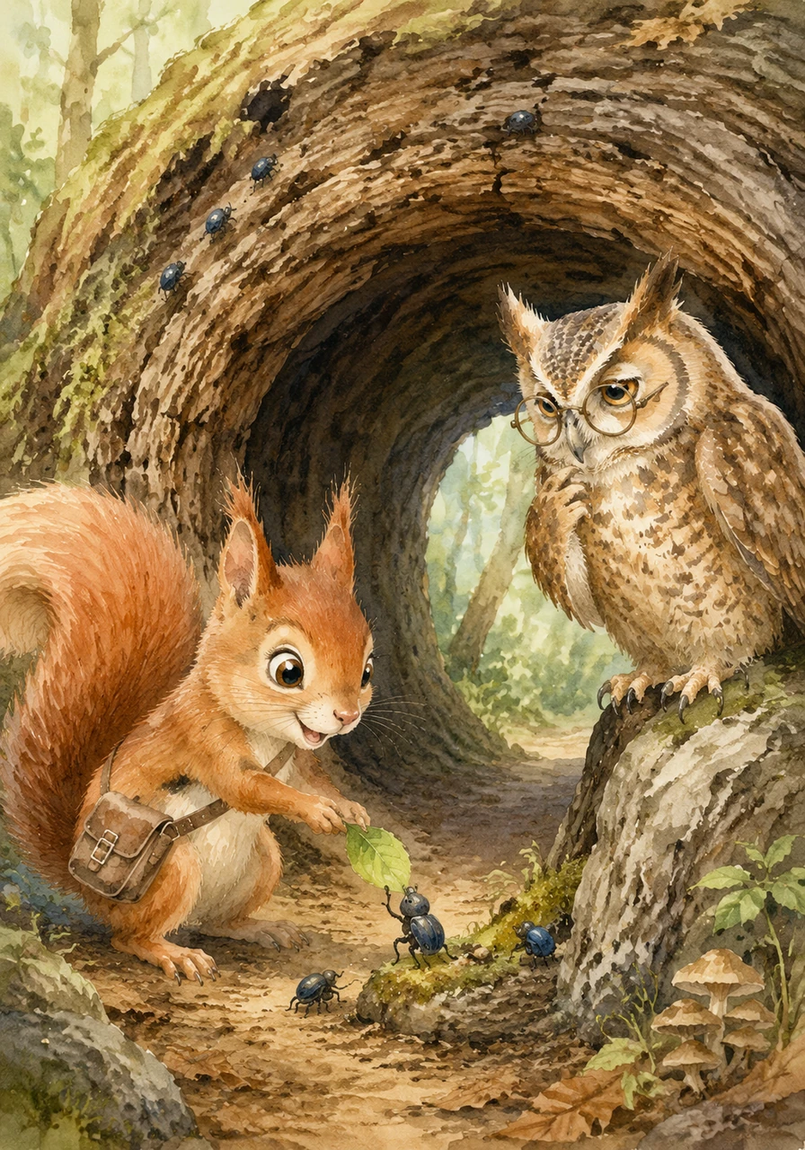 The map led him to a massive, ancient hollow log that seemed to guard the path forward. To pass through, Sammy had to solve a riddle carved into the wood, realizing that the key was simply a gesture of kindness to the small beetles living there.
