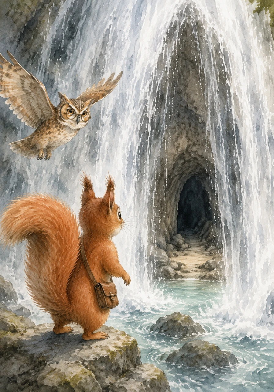 Finally, the sound of roaring water filled the air as Sammy reached the base of the Great Silver Waterfall. Behind the curtain of crashing white water, he spotted a hidden cave entrance that matched the drawing on his map perfectly.
