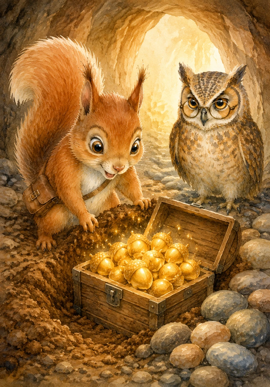 Inside the cave, bathed in a soft golden light, Sammy began to dig near a pile of smooth river stones. To his amazement, he unearthed a wooden chest filled not with gold, but with legendary Golden Acorns that stayed delicious all year long.