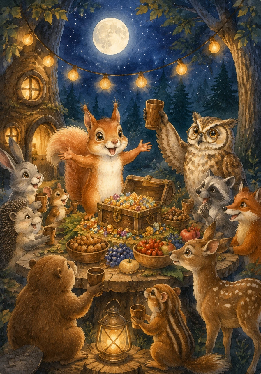 Sammy returned home as the moon rose, but he didn't keep the treasure for himself. He invited all his forest friends to a grand feast under the stars, realizing that the best part of finding treasure is sharing the joy with those you love.