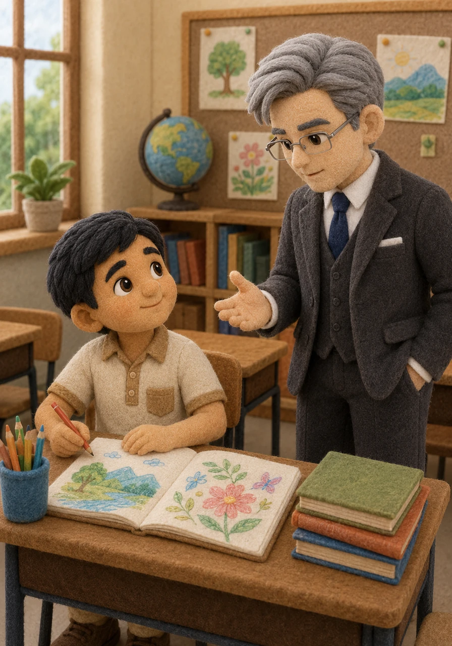 At school, Mehul listened to his teachers with great focus and curiosity. His notebook was filled with neat handwriting and colorful sketches, showing his deep love for learning and creativity.