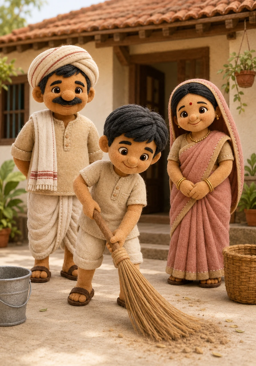 When school ended, Mehul hurried straight back home to help his parents. Whether it was sweeping the courtyard, fetching fresh water, or tidying up the kitchen, he did every chore cheerfully to lighten their load.
