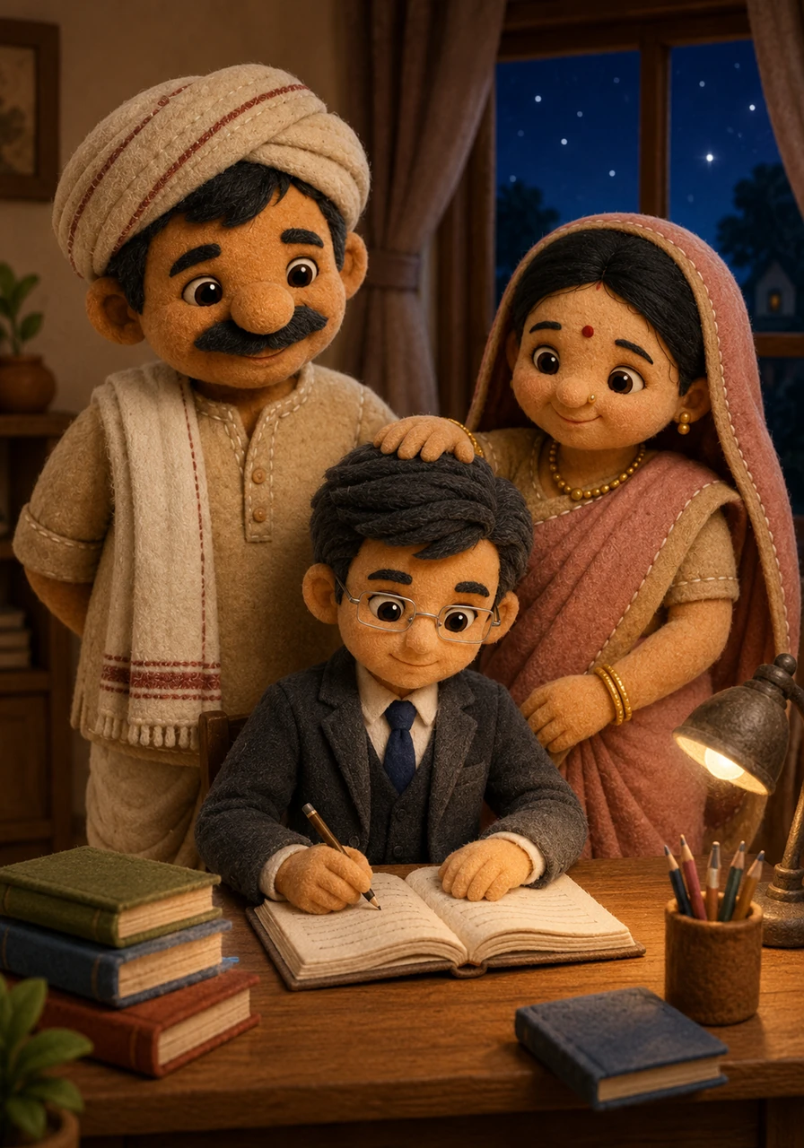 Seeing how hard their son worked, Mehul's parents often smiled with pride. One evening, as the stars began to twinkle, his mother gently patted his head, blessing him for his kind heart and dedication.
