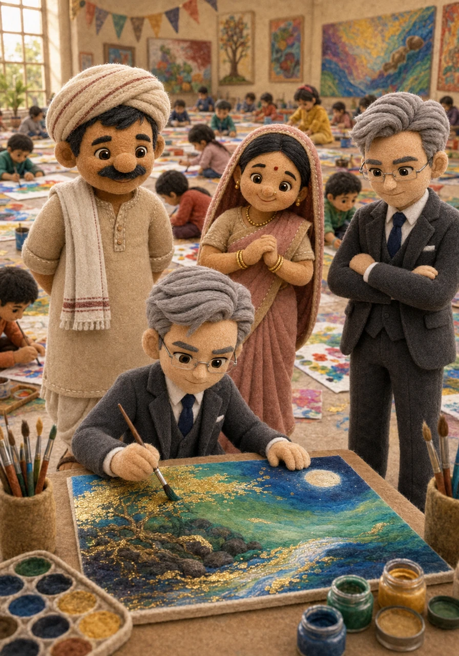 On the day of the competition, the school hall was filled with children splashing vibrant colors onto large sheets. Mehul sat in a quiet corner, carefully blending shades of blue, green, and gold to create a magnificent masterpiece.