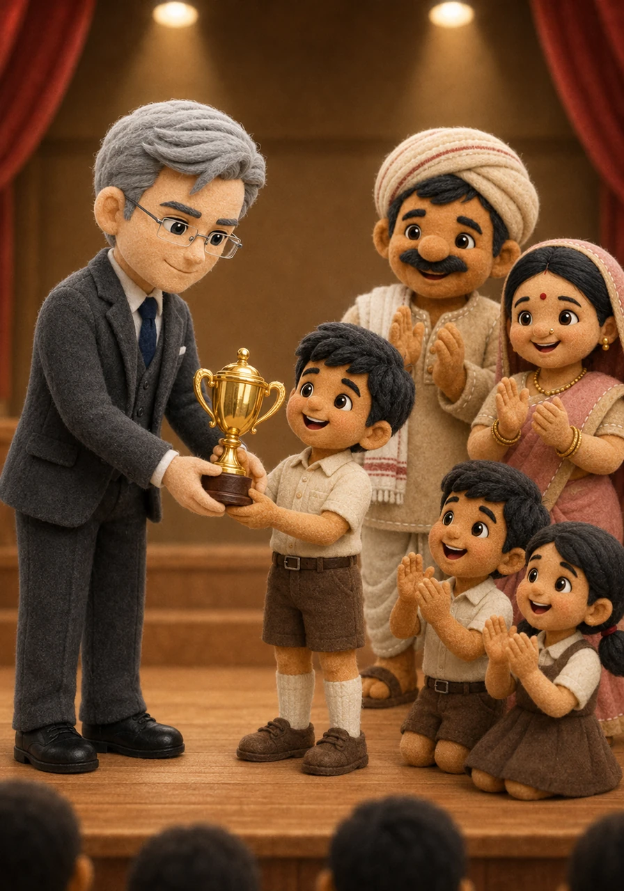 When the judges announced the results, Mehul’s name echoed through the hall as the grand first-prize winner. His friends cheered loudly, and his teacher handed him a beautiful golden trophy that gleamed in the light.