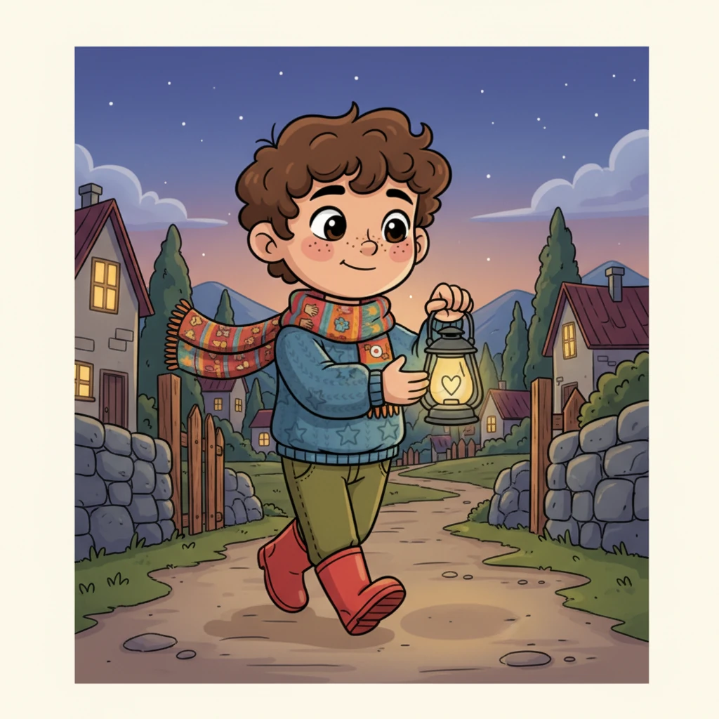 Hamdan, a young boy with bright, curious eyes, tenderly holds a small, ornate lantern. He walks along a peaceful village path at dusk, the lantern's warm glow creating soft shadows around him. The air is calm, and a gentle smile plays on his lips as he thinks of his grandfather's cherished gift.