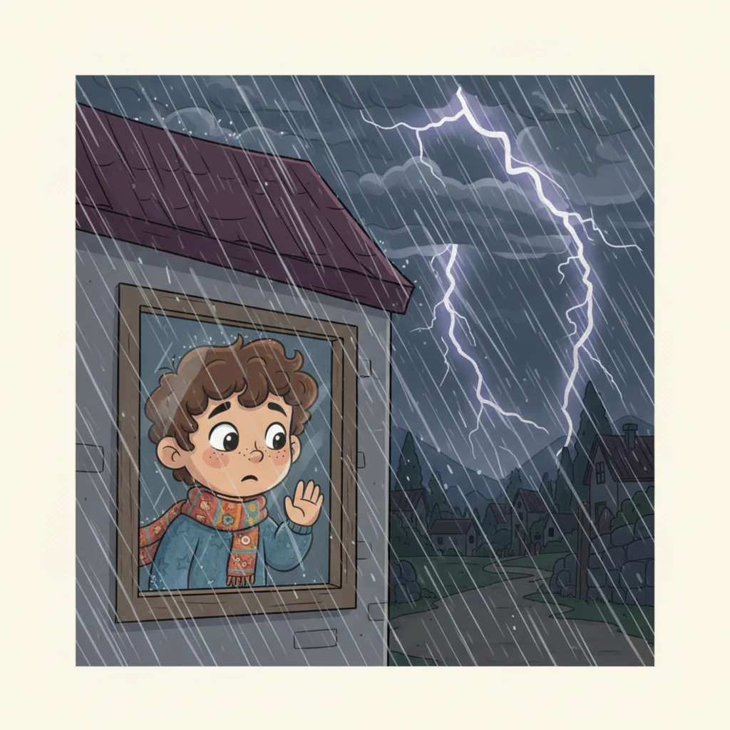 Suddenly, the sky darkens ominously, and a fierce storm sweeps through the village. Rain lashes down, wind howls, and all the village lights flicker and die, plunging everything into terrifying darkness. Hamdan looks out his window, his face reflecting concern, as lightning briefly illuminates the chaotic scene.