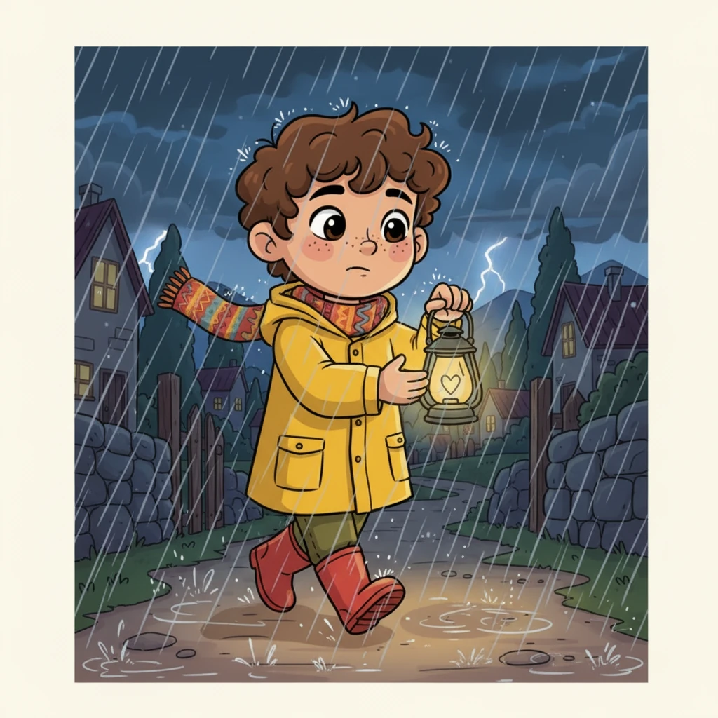 Remembering his grandfather's words about being a light in the dark, Hamdan, now wearing a rain slicker, bravely steps out into the stormy night, his small lantern clutched firmly. Its steady flame cuts through the gloom, a beacon of hope against the swirling wind and rain. He is determined to help his neighbors.