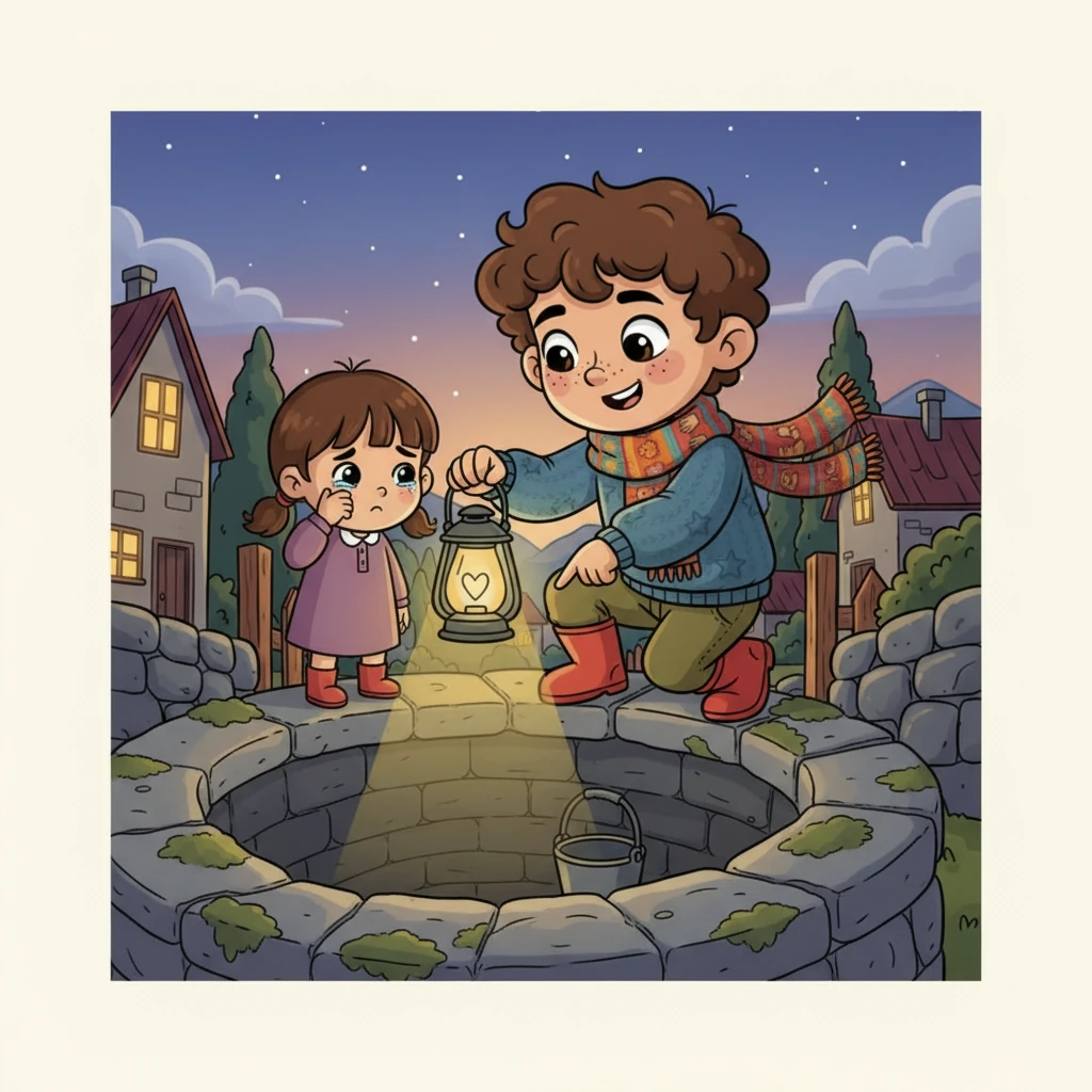 Near the village well, Hamdan spots a tiny figure crying in the dark. It's a little girl, distraught because her bucket has fallen deep into the well during the blackout. Hamdan shines his lantern down, revealing the bucket far below, and offers a comforting smile to the tearful child.
