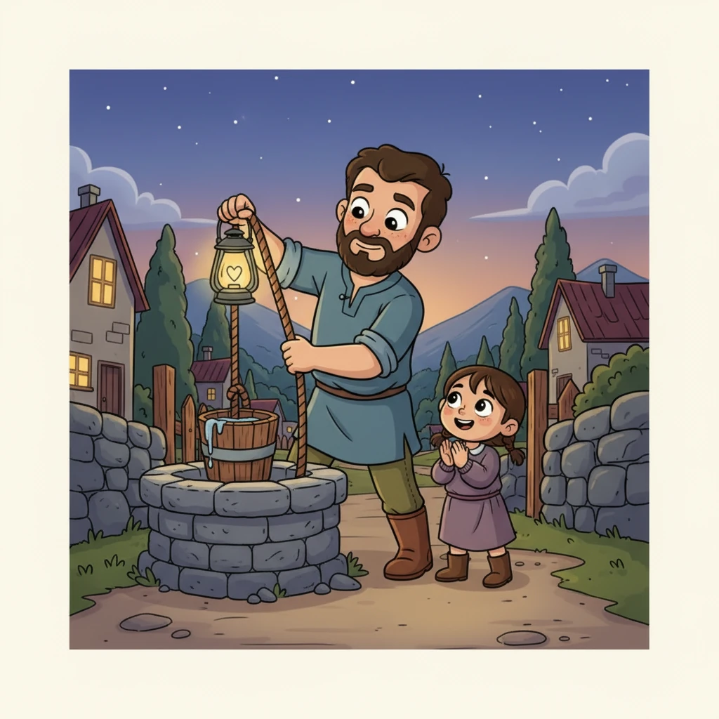 Hamdan quickly finds his father, and together, guided by the lantern's light, they carefully lower a rope into the well. His father skillfully retrieves the bucket, and the little girl claps her hands in delight. Hamdan's lantern illuminates their faces, glowing with relief and gratitude.