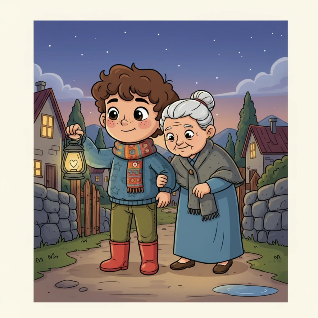 Continuing his journey, Hamdan notices an elderly woman struggling to find her way home on the slippery, dark path. He gently guides her with his lantern, ensuring she avoids puddles and obstacles, until she reaches her doorstep safely, offering him a warm, thankful pat on the head.