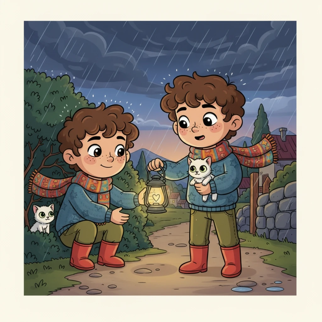 Further on, he hears faint whimpers coming from a dense bush. Shining his lantern, Hamdan discovers a frightened kitten, separated from its family in the storm. He carefully coaxes it out and, with the kitten nestled safely in his arms, guides it back to its worried owners.