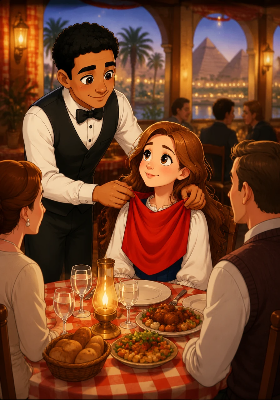 Under the warm glow of the Swiss House restaurant in Egypt, Zuzanna sits with her family as a charming waiter named Makarious approaches. With a gentle smile and professional grace, he places a bright red bib around her neck, a simple gesture that makes the rest of the room fade away.