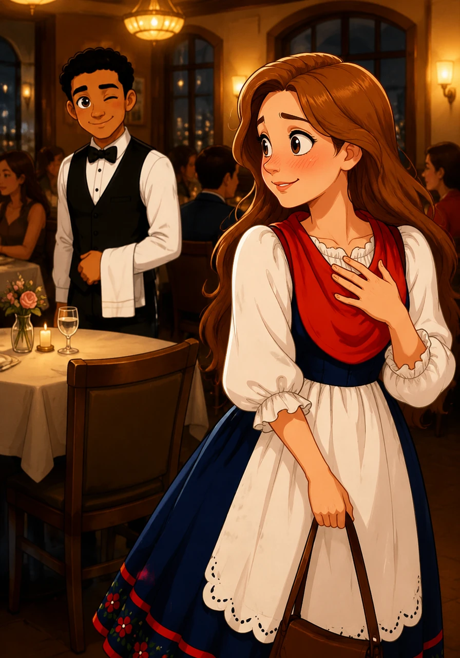 Throughout the evening, their eyes continue to meet across the busy restaurant, sharing a silent language of curiosity and attraction. Just as Zuzanna is about to leave, Makarious catches her gaze one last time and gives her a playful, knowing wink that sends her heart racing.