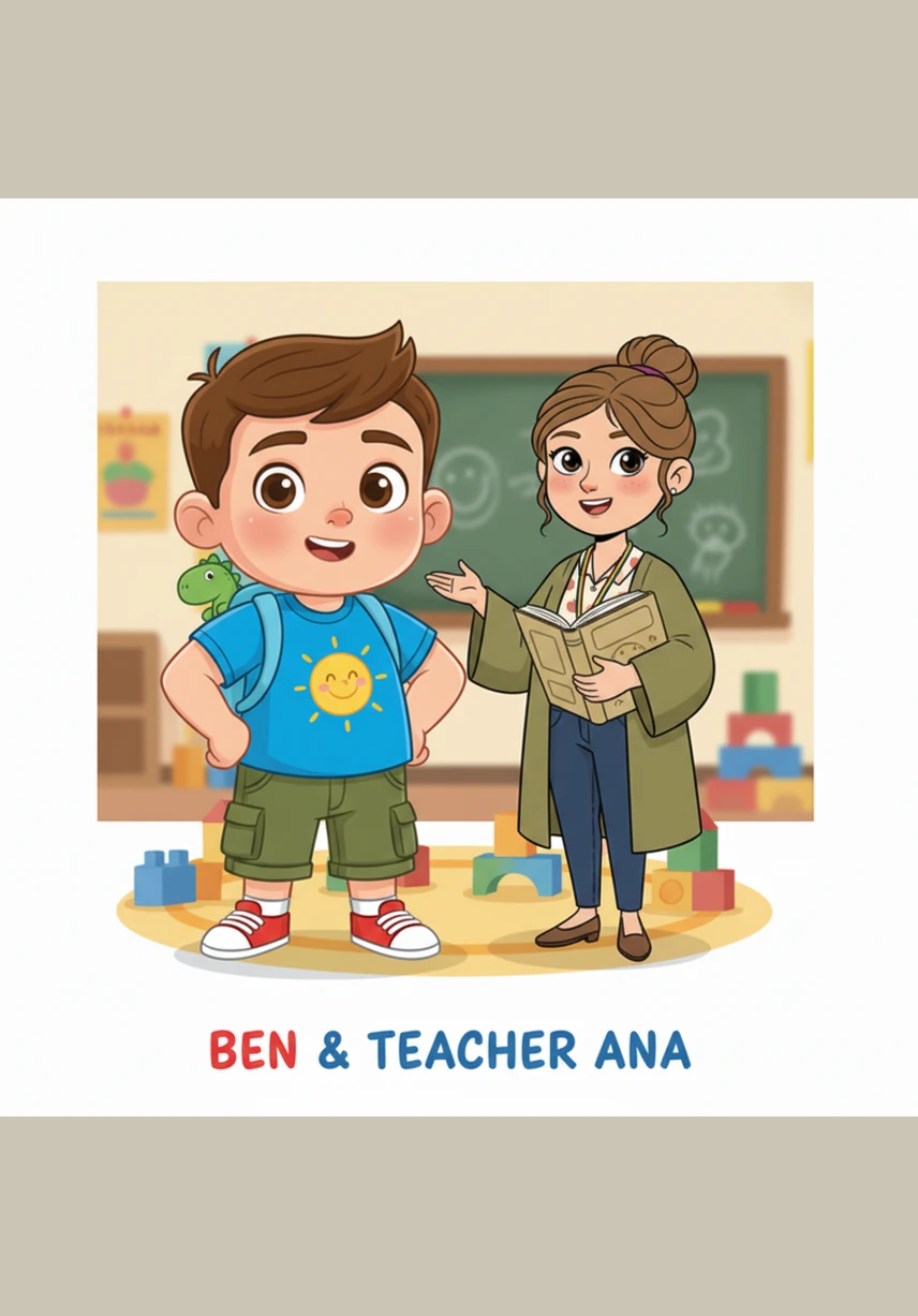 Sa loob ng kaniyang daycare, masayang nakikipaglaro si Ben sa kaniyang mga kaklase habang suot ang kanilang mga puting uniporme. Naroon si Teacher Ana na nakangiti habang pinapanood ang mga bata na nagkakatuwaan at kumakain ng kanilang mga meryenda.