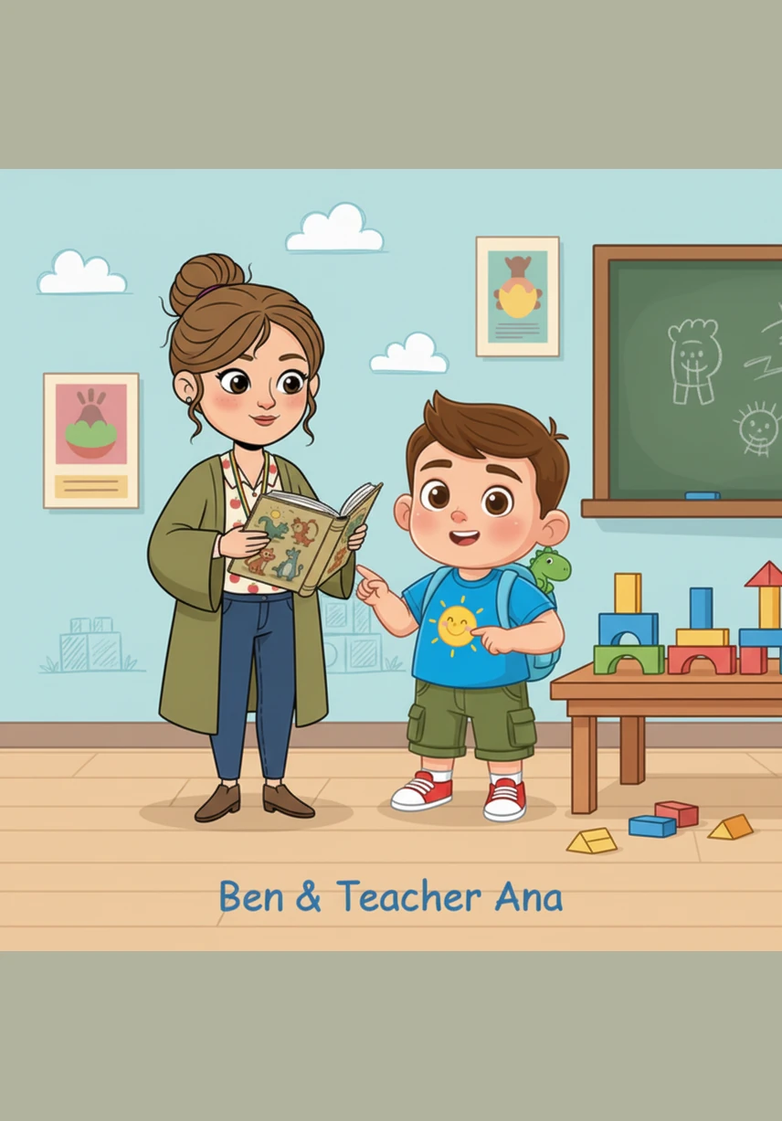 Ipinakita ni Teacher Ana ang tatlong basurahan: berde para sa mga nabubulok, asul para sa mga papel, at dilaw para sa mga plastik. Nakikinig nang mabuti si Ben habang pinagmamasdan ang mga makukulay na lalagyan na makakatulong sa kalikasan.