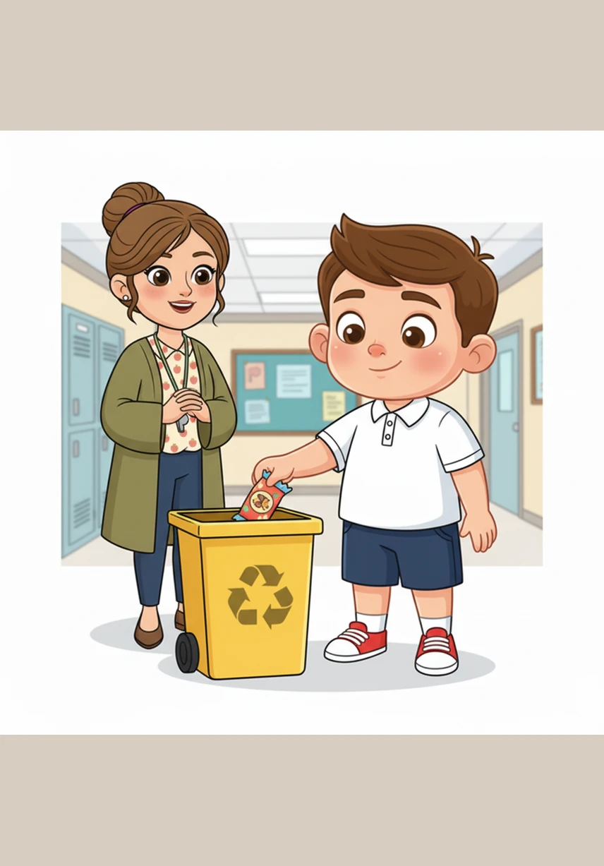 Maingat na pinulot ni Ben ang wrapper at nag-isip nang mabuti bago ito itapon. Buong pagmamalaki niyang inilagay ang plastik sa dilaw na basurahan habang nakasuot ng kaniyang malinis na puting uniporme at may matamis na ngiti.