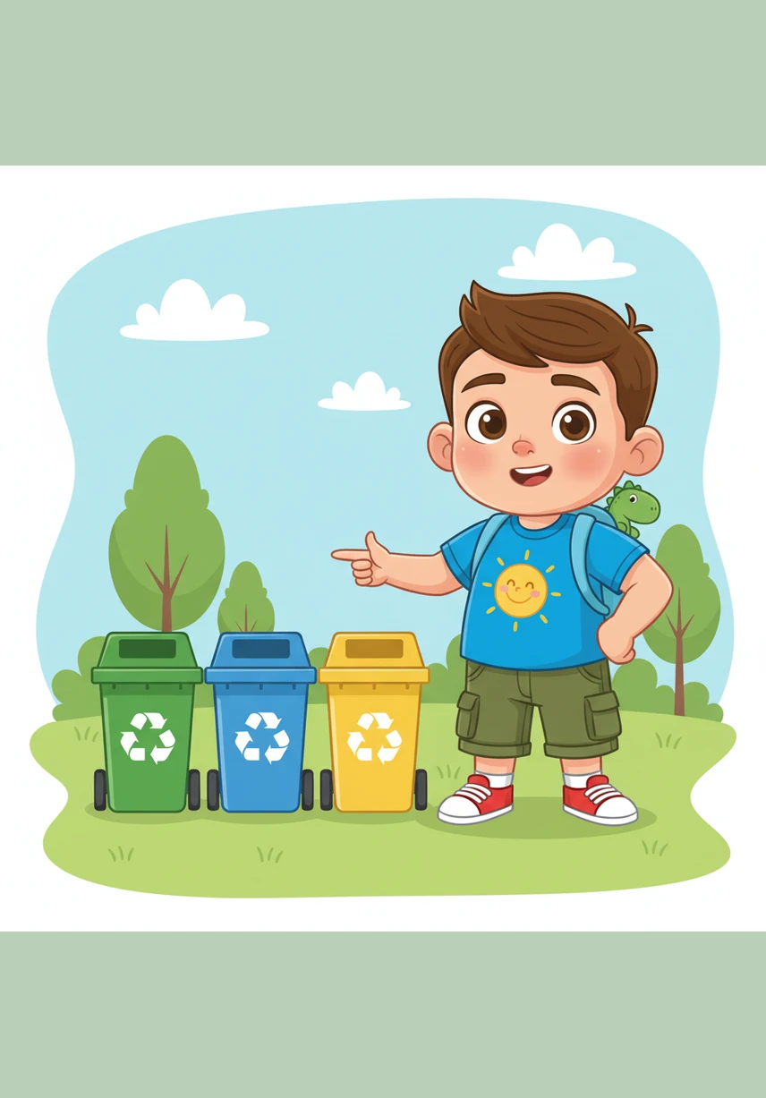 Sa huling pahina, nakatingin si Ben sa iyo nang may ngiti habang nakaturo sa tatlong basurahan na berde, asul, at dilaw. Mukhang tinatanong ka niya kung handa ka na ring maging bayani ng kalikasan sa pamamagitan ng tamang pagtatapon ng basura.