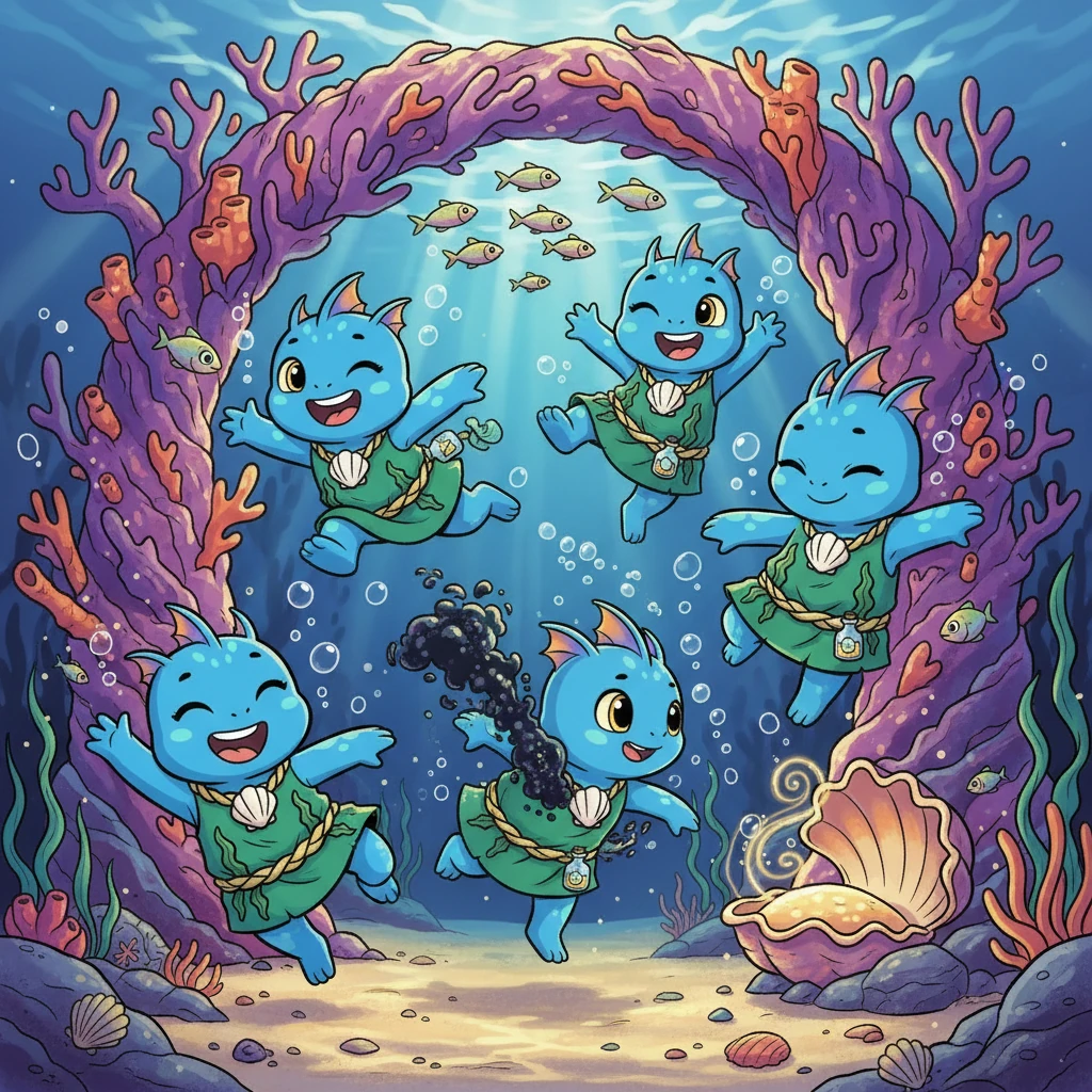 Orin schwamm mit vier Gefährten. Sie flitzten durch Bögen, jagten Fische und lachten im Brandung. Orin war schlau – er schlüpfte durch Risse, verschwand in Tinte und wechselte mühelos die Farben. Aber ein Freund trug ein Geheimnis in sich. Er hatte die Worte des Orakels gehört. Und anstelle von Stolz erfüllte ihn Neid.