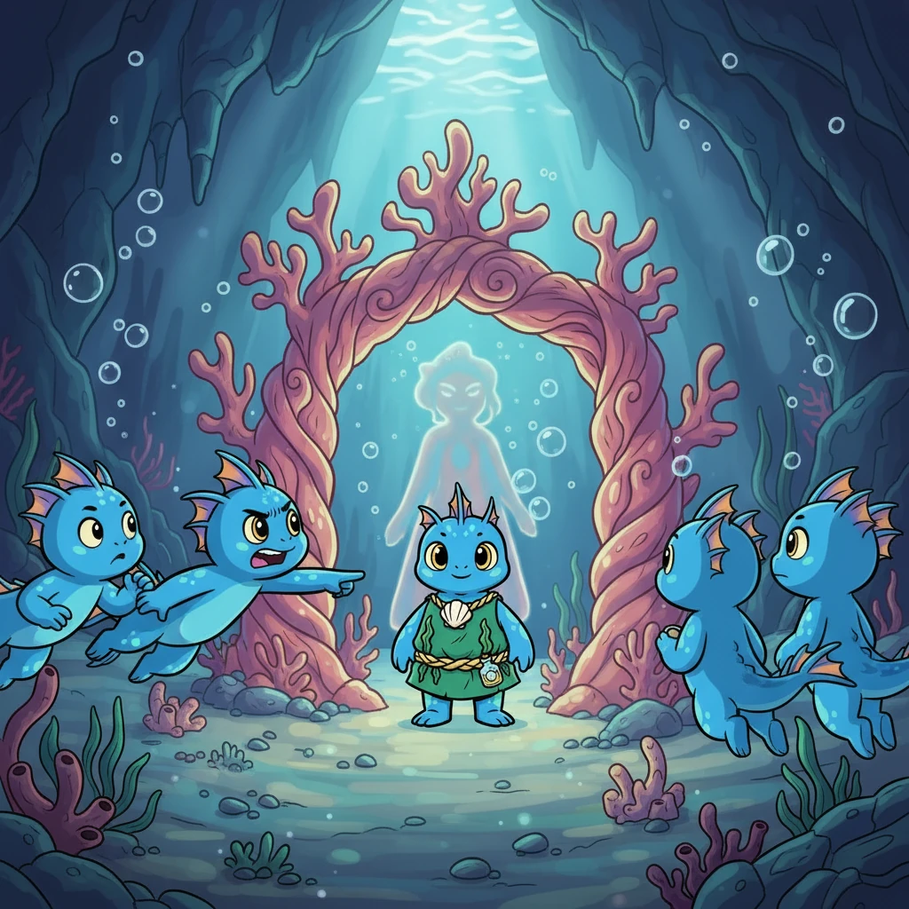 "Warum Orin?" zischte einer. "Er ist nicht besser als wir", sagte ein anderer. "Er sieht nur besonders aus, weil wir ihm folgen." Zwei brannten vor Neid. Zwei schwiegen. Die Eifersüchtigen schwammen zum Orakel. "Er ist es nicht wert", logen sie. "Ihr wurdet getäuscht." Selbst Weisheit kann durch Lügen getrübt werden. Das Geschenk wurde zurückgehalten.