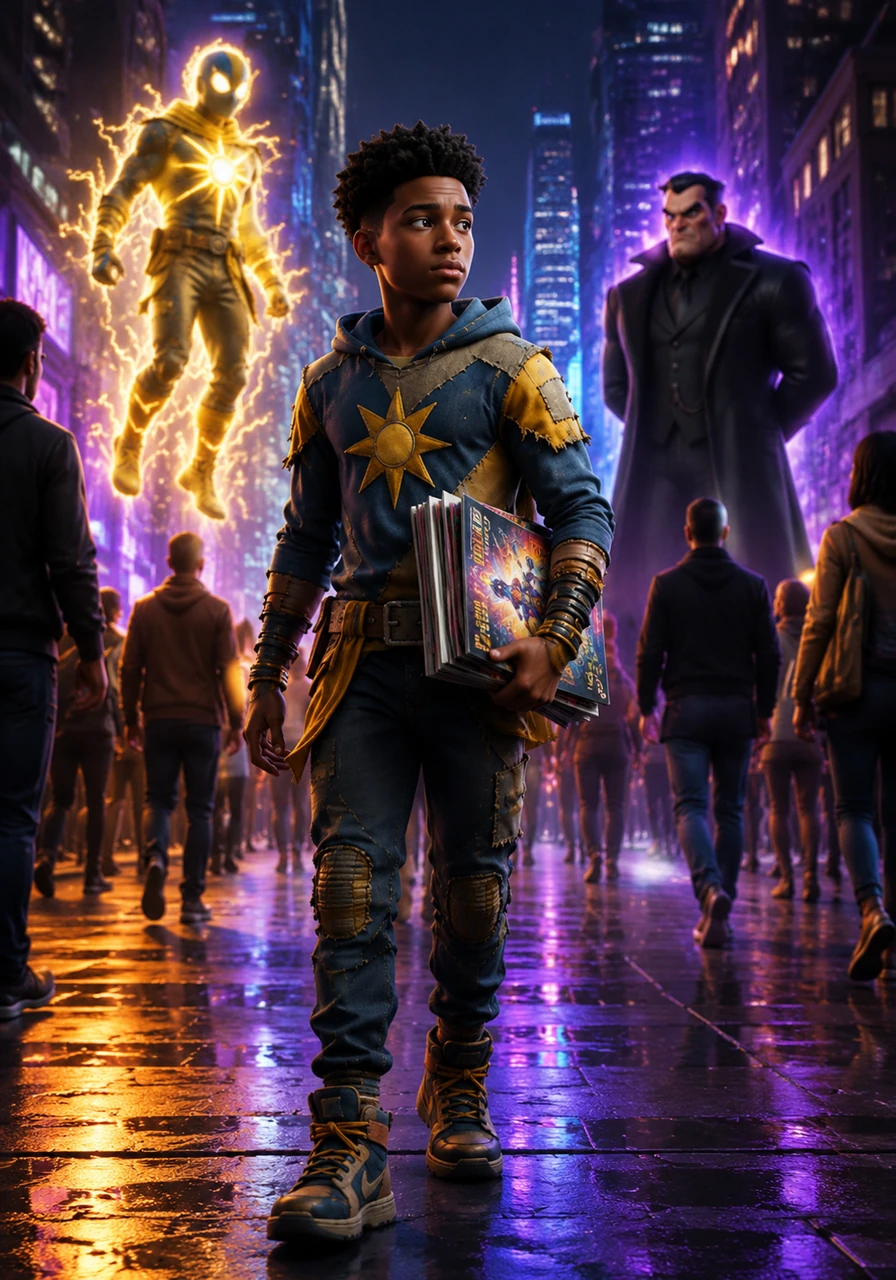 Zeke walks through the bustling, neon-lit streets of New Haven, clutching a stack of comic books under his arm. While the city pulses with life around him, he feels like an outsider, dreaming of a world where he could be more than just a quiet teenager.