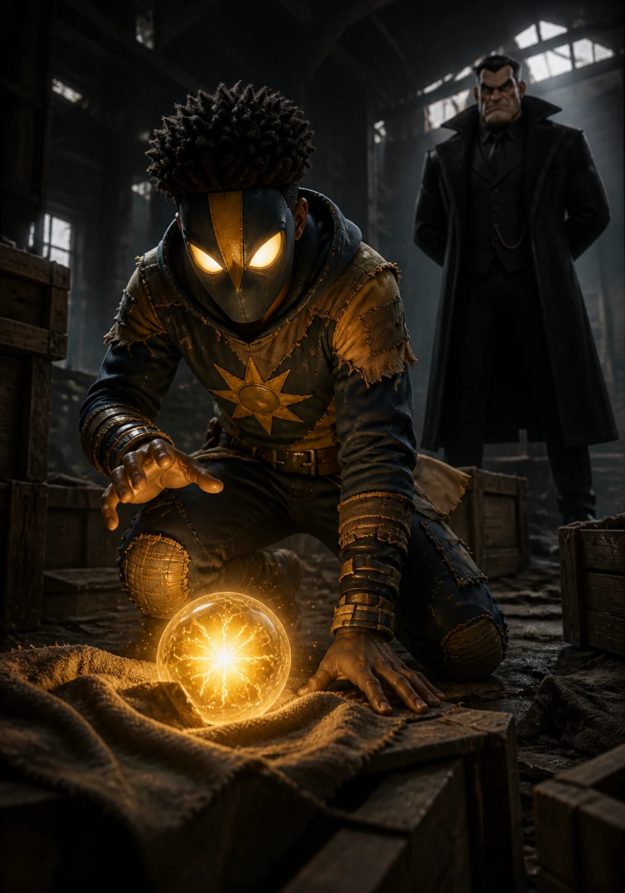 In the shadows of a decaying warehouse on the edge of town, Zeke discovers a pulsing, golden orb resting amidst the dust and crates. The artifact hums with an otherworldly energy, casting a warm glow that illuminates his curious and hesitant face.