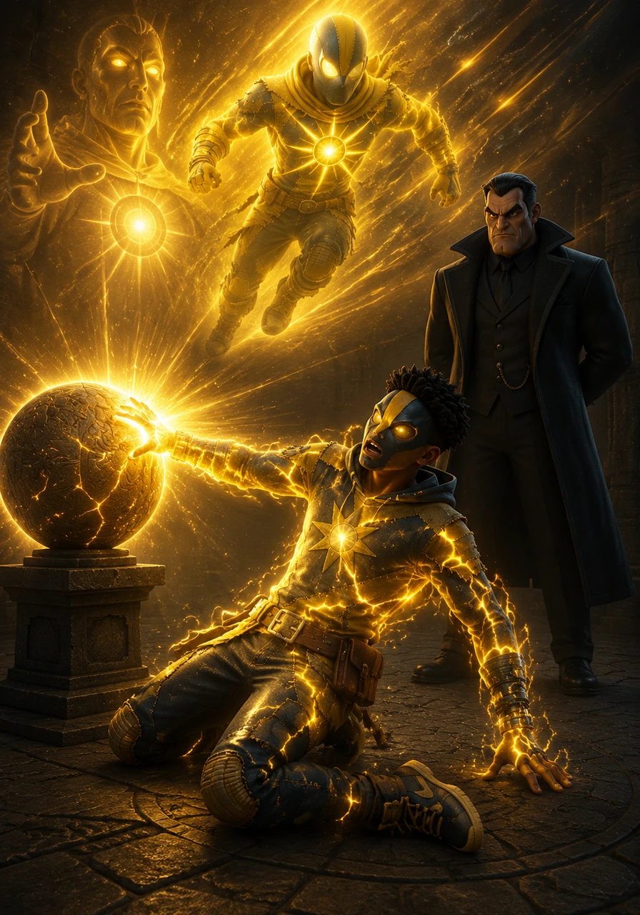 As Zeke’s fingers brush the surface of the orb, a blinding flash of golden light erupts, coursing through his veins like liquid fire. He collapses to the floor, his mind flooded with visions of impossible speed and celestial strength as the artifact chooses its host.