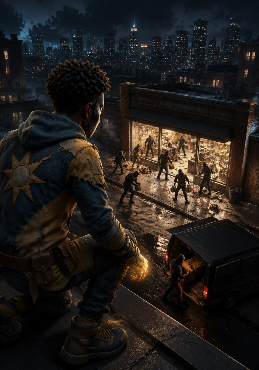 From a high rooftop, Zeke watches as the notorious Shadows gang wreaks havoc on the city, their dark silhouettes looting a local store. The weight of his new power settles over him, and he realizes that being a hero is no longer just a story in his comic books.