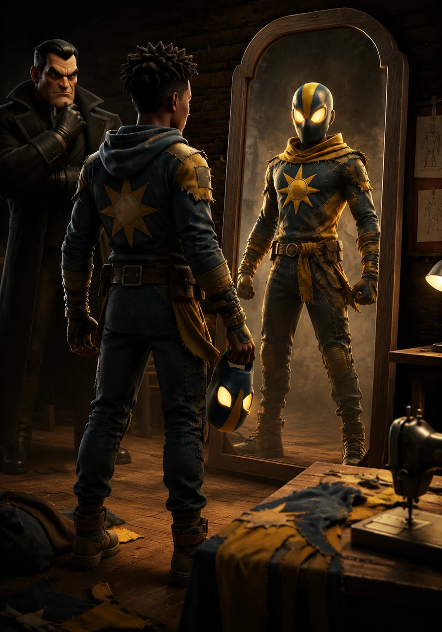 Zeke meticulously crafts a suit from reinforced fabrics and reflective gear, creating a mask that hides his identity while symbolizing a new dawn. He stands before a mirror, no longer just a teenager, but the hero the city needs: The Radiant.