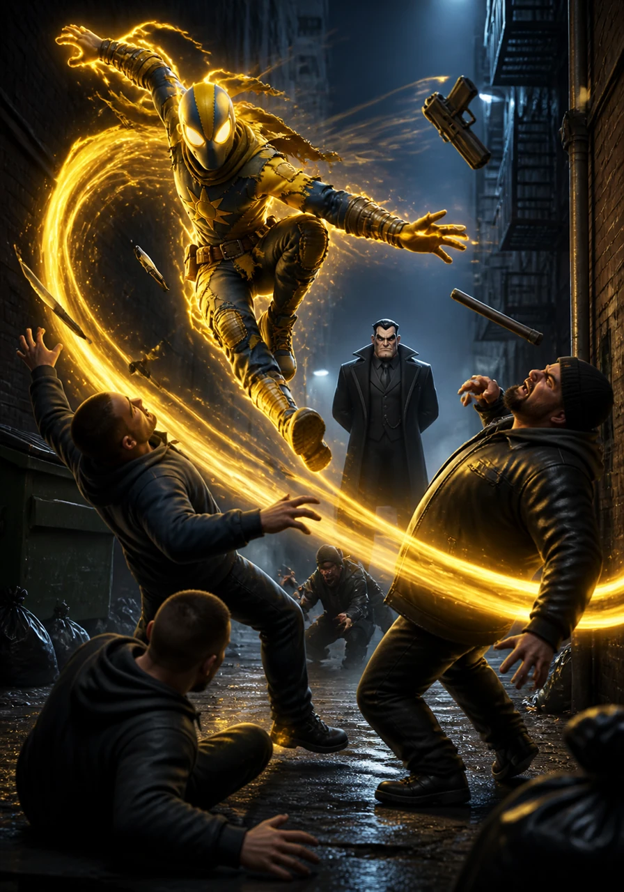 The Radiant strikes from the sky, moving with acrobatic grace as he disarms a group of thugs with blinding speed. He moves like a streak of light through the alleyways, leaving the criminals dazed and confused before they can even land a single punch.