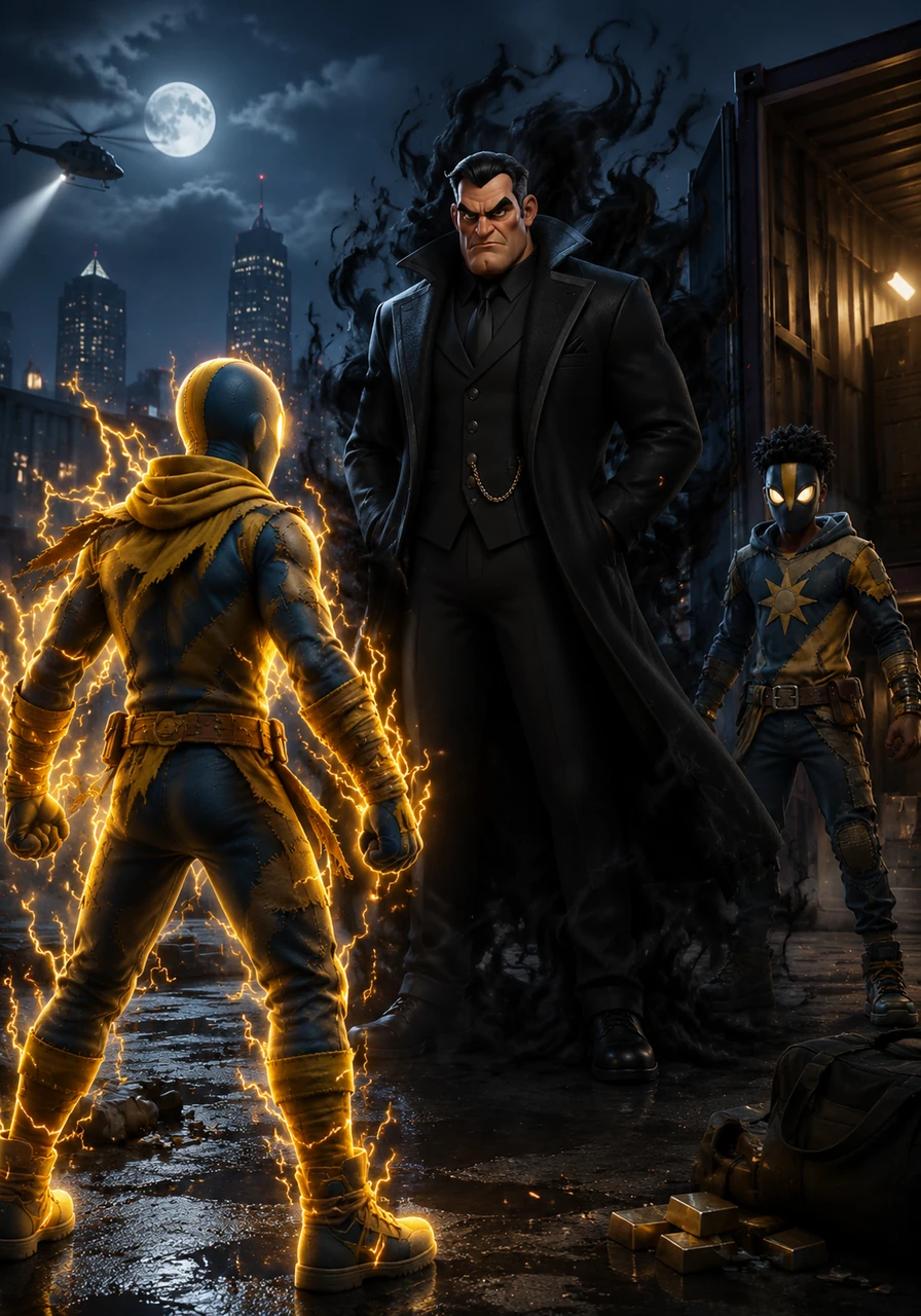 Amidst the chaos of a midnight heist, a towering figure draped in living shadows emerges—Nightshade, the ruthless leader of the gang. He watches The Radiant with cold, calculating eyes, vowing to extinguish the city's new light and reclaim control.