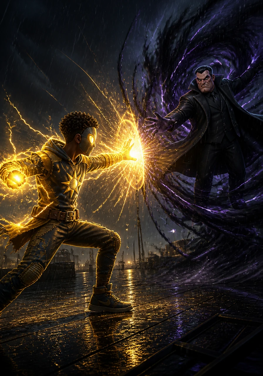On the rain-slicked docks, The Radiant and Nightshade clash in a spectacular display of light versus darkness. Zeke channels the orb’s energy into brilliant bursts of radiance, pushing back against the crushing weight of Nightshade’s dark, swirling powers.