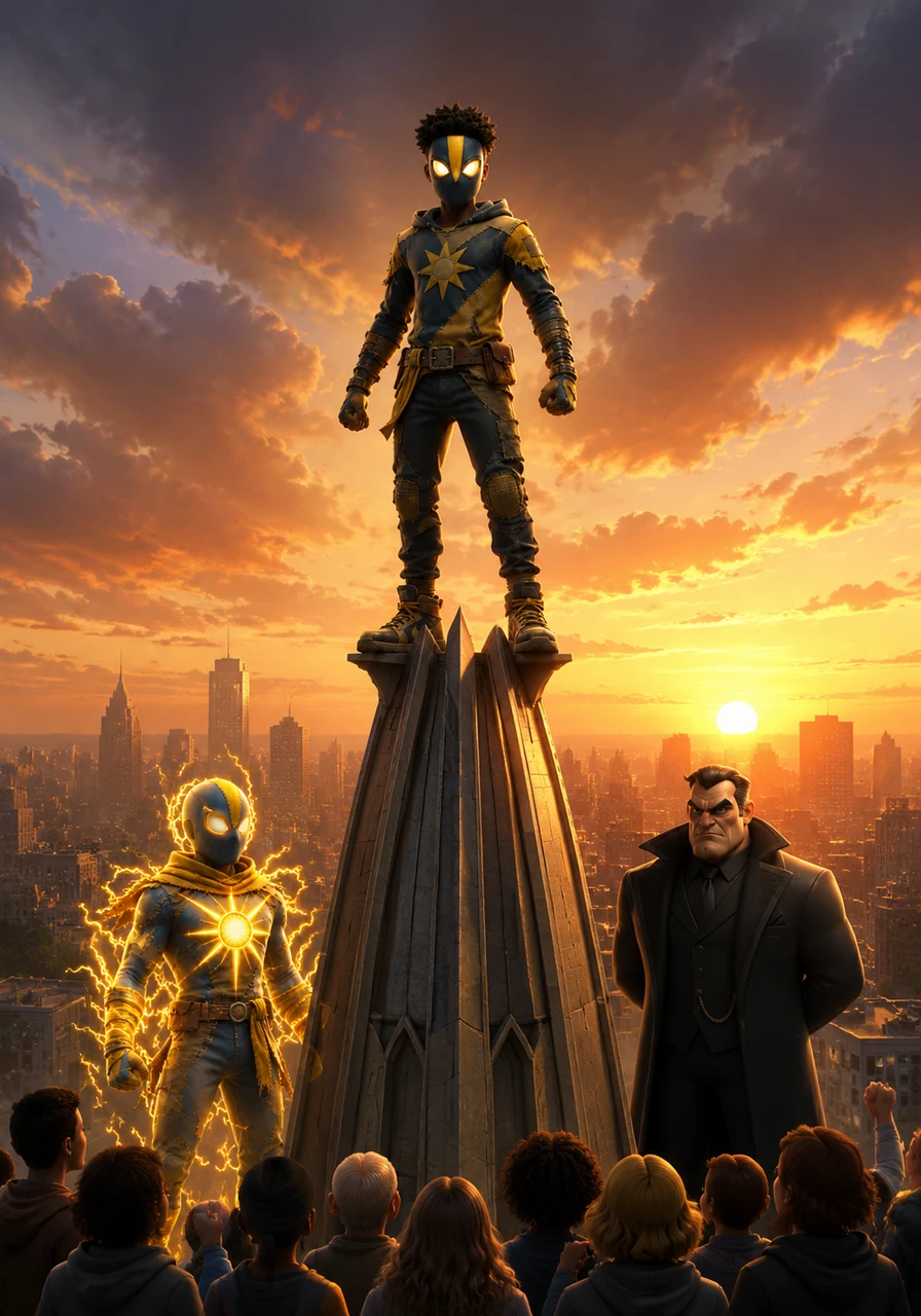 Standing tall against the fading darkness, Zeke realizes his true power comes from his courage and his love for New Haven. As the sun begins to rise over the skyline, the city looks up to see their new protector watching over them from the highest spire.