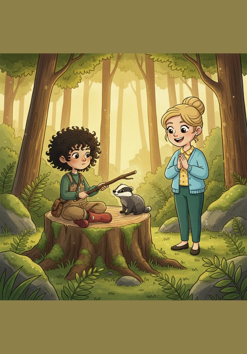 Sam is a bright, smiling child with curly hair sitting cross-legged on a soft rug. He holds an open book that radiates a gentle, magical light, while playful stars and tiny floating books dance in the air around him.