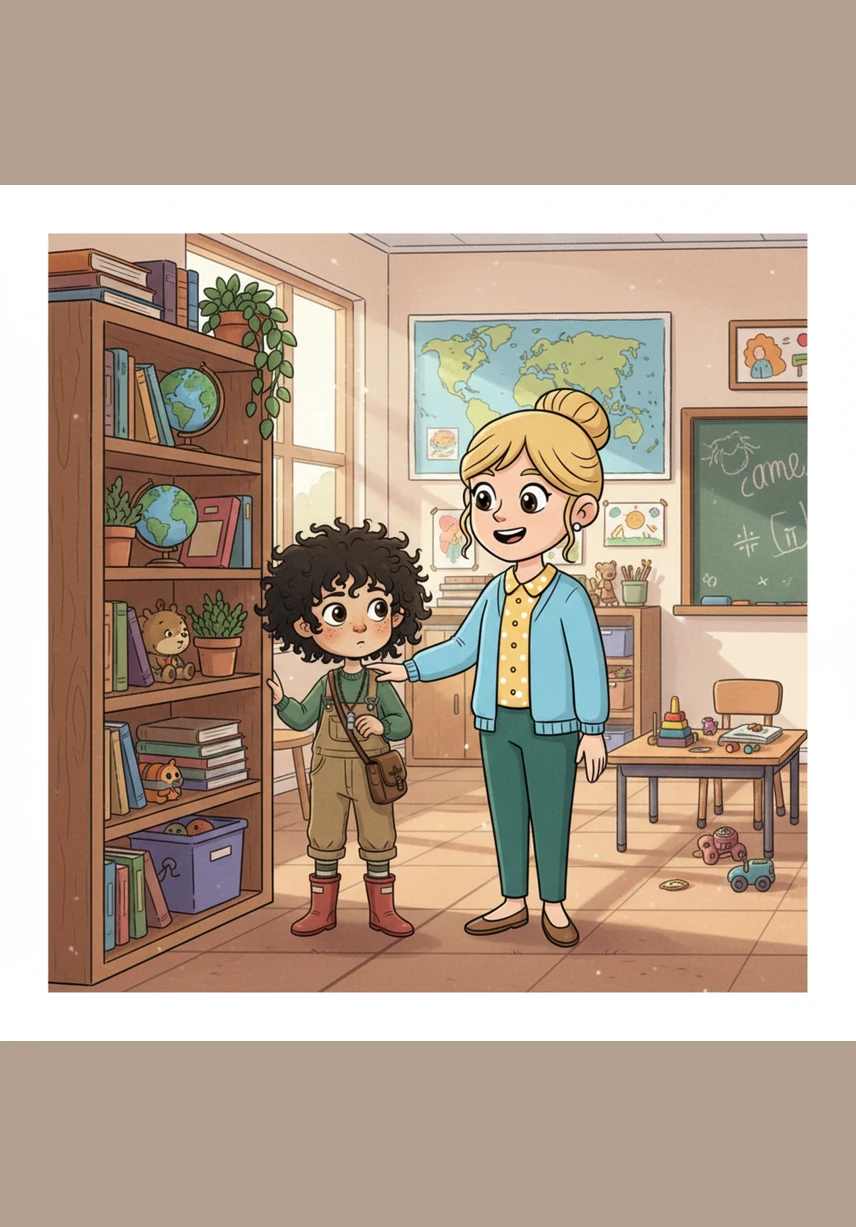 In a colorful classroom filled with wonders, Sam peeks around a corner at a tall bookshelf with wide, curious eyes. His teacher, Ms. Day, smiles warmly and places a reassuring hand on his shoulder to help him feel brave.