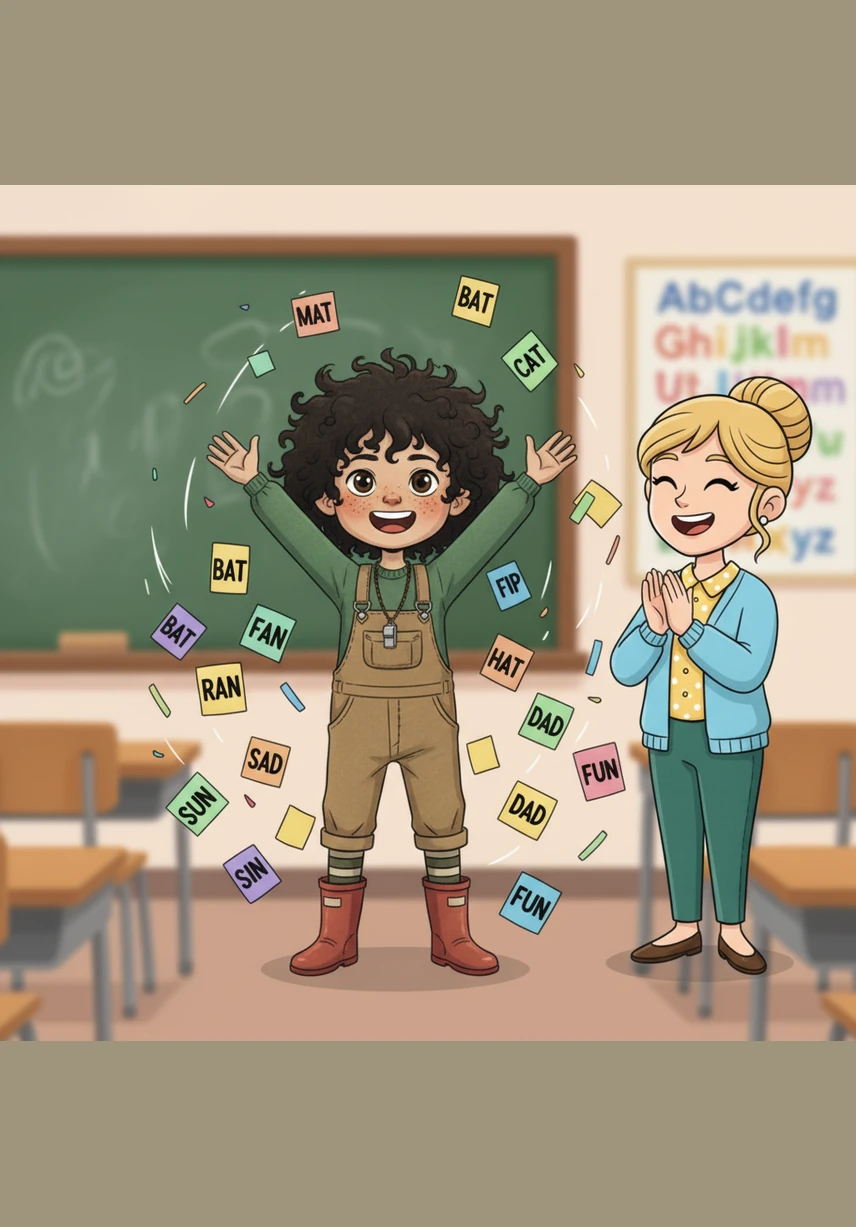 Standing tall with his arms raised in a victory pose, Sam is surrounded by floating word cards like MAT and BAT that swirl around him like celebratory confetti. Ms. Day claps with pure joy as Sam realizes he can make many different words.