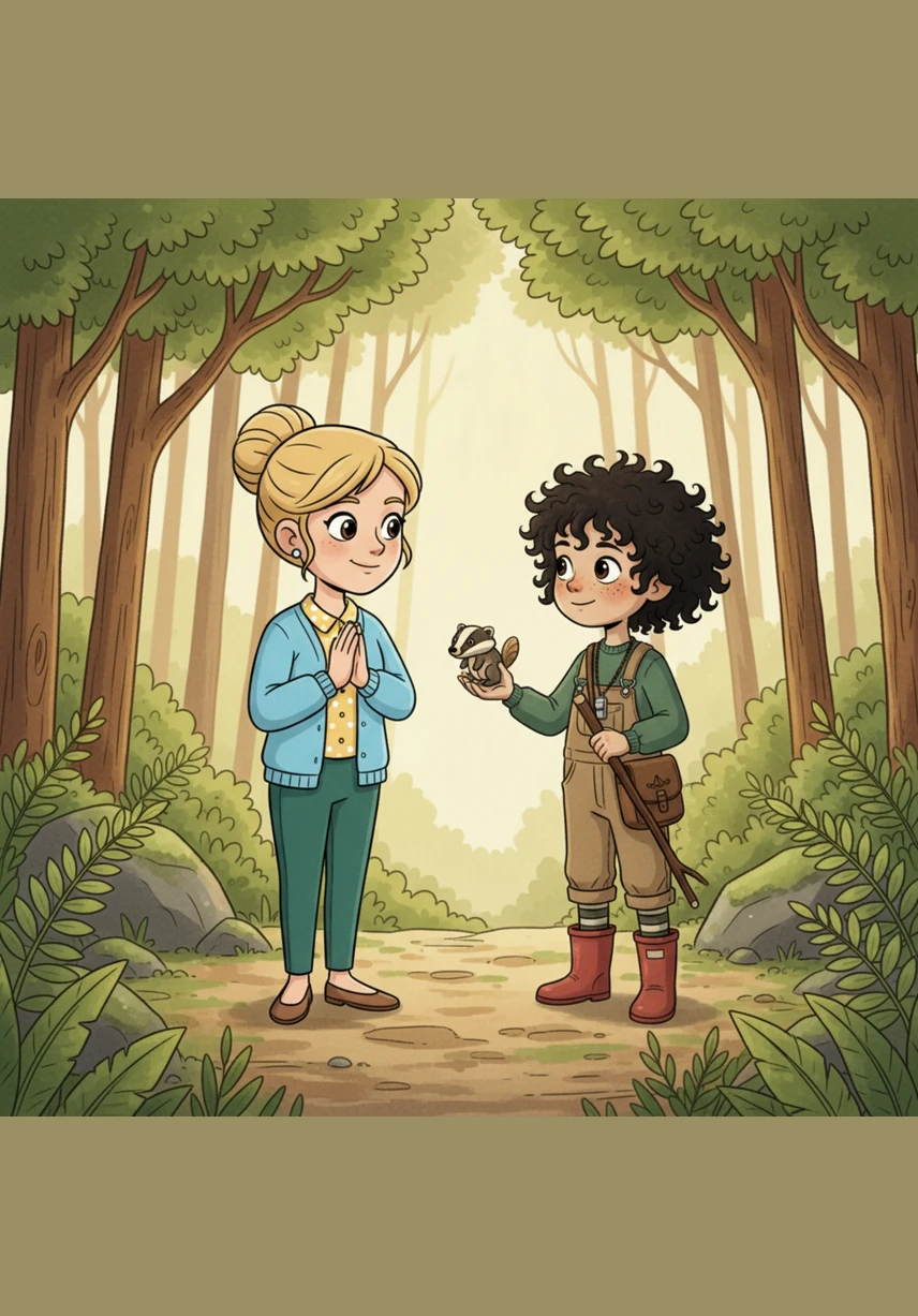 Ms. Day hands Sam a small, special picture book titled Nat the Cat with a look of great pride. Sam holds the book carefully in his hands, feeling a mix of hard-earned determination and excitement for his big moment.